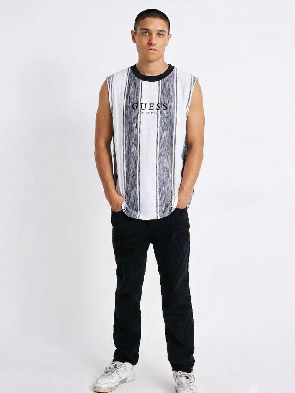 GUESS Originals UO Exclusive Black & White Vertical Stripe Sleeveless Tee